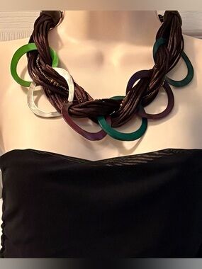 Brown Twisted Cord Necklace with Green, Purple & White Rings